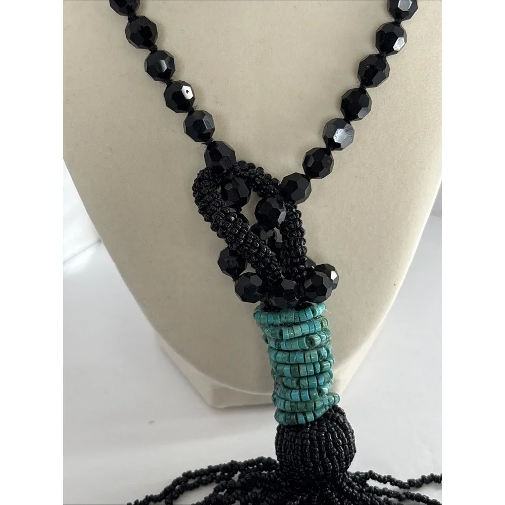 Victorian Jet Black Faceted Beaded Mourning Necklace with Turquoise Accent